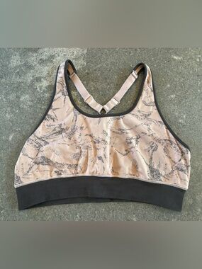 Fabletics Light Pink Marble Print Sports Bra with Dark Grey Trim